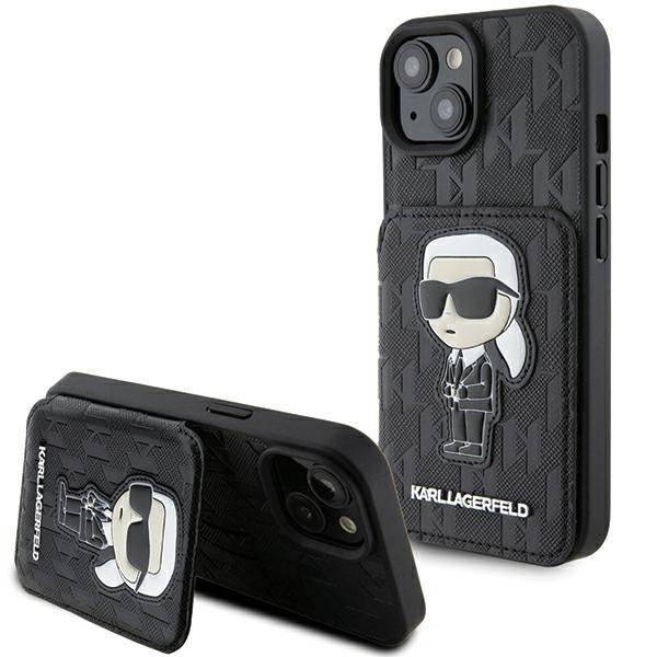 Husa Karl Lagerfeld Saffiano Cardslots And Stand Monogram Ikonik Patch pentru iPhone 15 - Negru