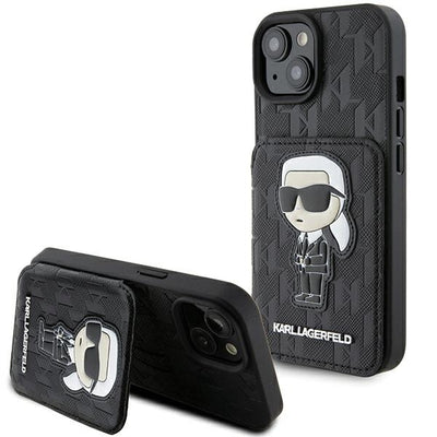 Husa Karl Lagerfeld Saffiano Cardslots And Stand Monogram Ikonik Patch pentru iPhone 15 - Negru