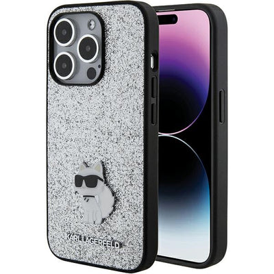 Husa Karl Lagerfeld Fixed Glitter Choupette Logo Metal Pin pentru iPhone 15 Pro Max - Argintiu