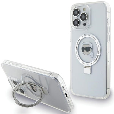 Suport auto Karl Lagerfeld iPhone 15 Pro 6.1" Alb/Alb Hardcase Ring Stand Karl Head Magsafe