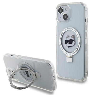 Suport auto Karl Lagerfeld iPhone 15 6.1" Alb/Alb Hardcase Ring Stand Choupette Head Magsafe