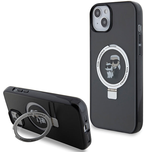 Suport auto Karl Lagerfeld iPhone 15 6.1" Negru/Negru Hardcase Ring Stand Karl&Choupette Magsafe