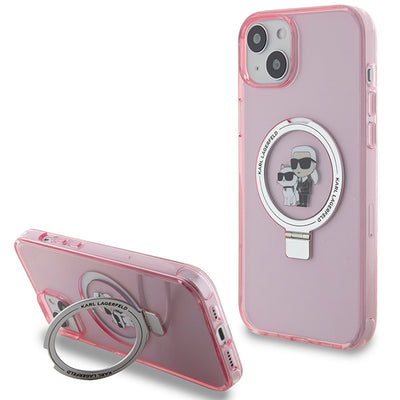Suport auto Karl Lagerfeld iPhone 15 6.1" Roz/Roz Hardcase Ring Stand Karl&Choupette Magsafe