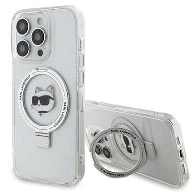 Suport auto Karl Lagerfeld iPhone 15 Pro Max 6.7" Alb/Alb Hardcase Ring Stand Choupette Head Magsafe