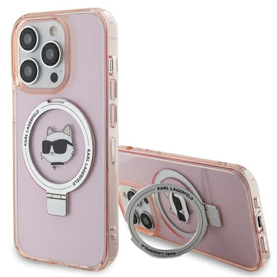Suport auto Karl Lagerfeld iPhone 15 Pro Max 6.7" Roz/Roz Hardcase Ring Stand Choupette Head Magsafe