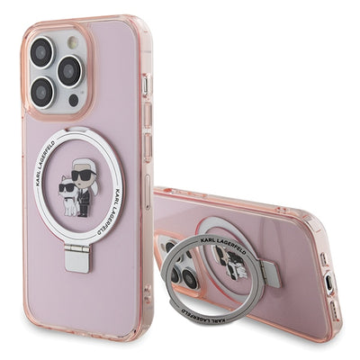 Suport auto Karl Lagerfeld iPhone 15 Pro Max 6.7" Roz/Roz Hardcase Ring Stand Karl&Choupette Magsafe
