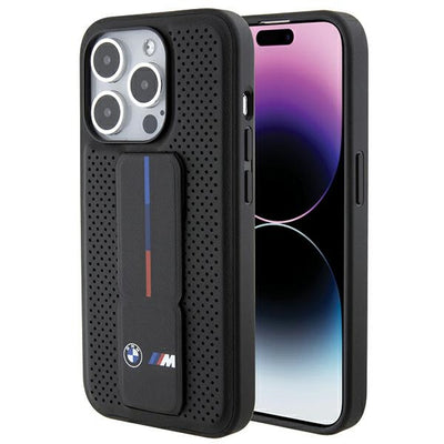 Husa BMW Grip Stand Smooth & Perforated pentru iPhone 15 Pro - Negru