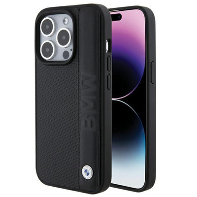 Husa BMW Leather Textured & Stripe iPhone 15 Pro Max - Negru
