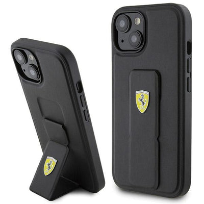 Husa Ferrari Grip Stand Metal Logo pentru iPhone 15 - Negru