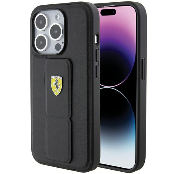 Husa Ferrari Grip Stand Metal Logo pentru iPhone 15 Pro Max - Negru