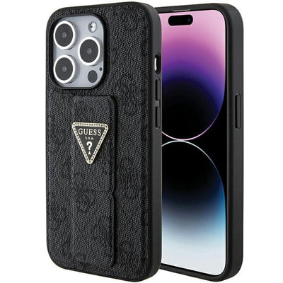 Husa Guess Grip Stand 4G Triangle Strass pentru iPhone 15 Pro - Negru