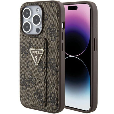 Husa Guess Grip Stand 4G Triangle Strass pentru iPhone 15 Pro - Maro