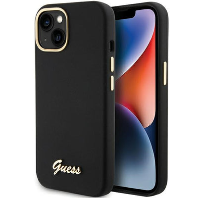 Husa Guess Silicone Script Metal Logo & Frame pentru iPhone 15 - Negru