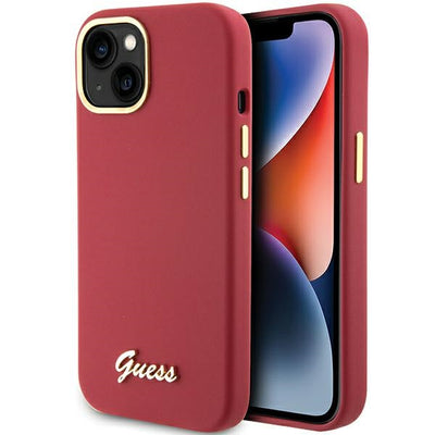 Husa Guess Silicone Script Metal Logo & Frame pentru iPhone 15 - Rosu