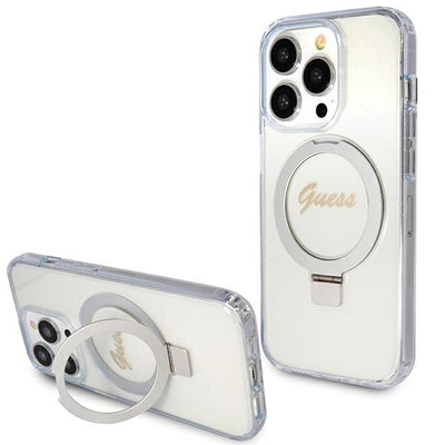 Husa Guess Ring Stand Script Glitter Magsafe pentru iPhone 15 Pro - Transparent