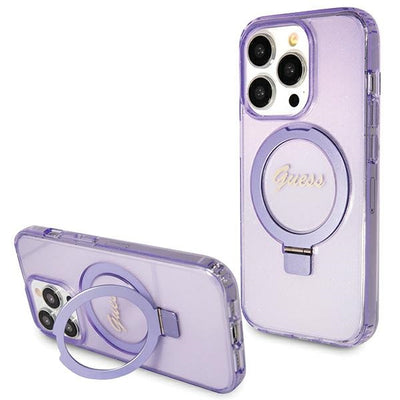 Husa Guess Ring Stand Script Glitter Magsafe pentru iPhone 15 Pro - Mov