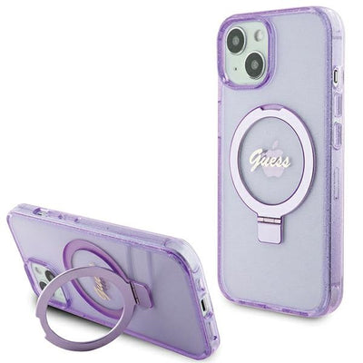 Husa Guess Ring Stand Script Glitter Magsafe pentru iPhone 15 Plus / 14 Plus - Mov