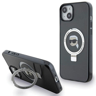 Husa Karl Lagerfeld Ring Stand Karl Head Magsafe pentru iPhone 15 Plus / 14 Plus - Negru