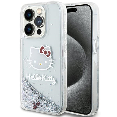 Husa Hello Kitty Liquid Glitter Charms Kitty Head pentru iPhone 15 Pro - Argintiu