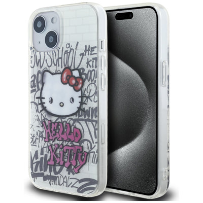 Husa Hello Kitty IML Kitty On Bricks Graffiti pentru iPhone 15 - Alb