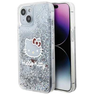Husa Hello Kitty Liquid Glitter Charms Kitty Head pentru iPhone 15 - Argintiu