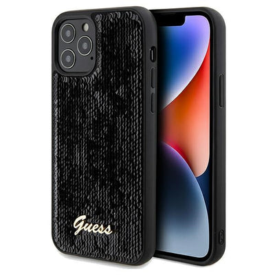 Husa Guess Sequin Script Metal pentru iPhone 12/12 Pro - Negru