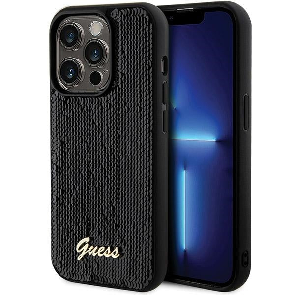 Husa Guess Sequin Script Metal pentru iPhone 13 Pro Max - Negru