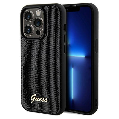 Husa Guess Sequin Script Metal pentru iPhone 14 Pro - Negru
