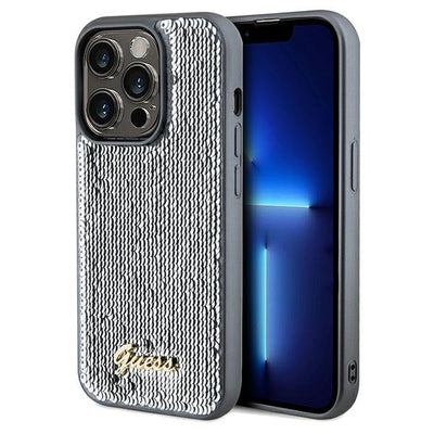 Husa Guess Sequin Script Metal pentru iPhone 14 Pro - Argintiu