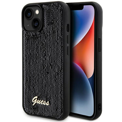 Husa Guess Sequin Script Metal pentru iPhone 14 / 15 / 13 - Negru
