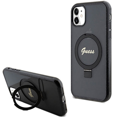 Husa Guess Ring Stand Script Glitter Magsafe pentru iPhone 11 / Xr - Negru