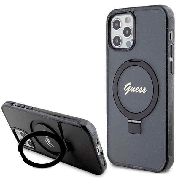Husa Guess Ring Stand Script Glitter Magsafe pentru iPhone 12/12 Pro - Negru
