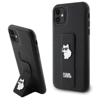 Husa Karl Lagerfeld Gripstand Saffiano Choupette Pins pentru iPhone 11 / Xr - Negru