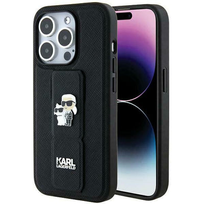 Husa Karl Lagerfeld Gripstand Saffiano Karl&Choupette Pins pentru iPhone 13 Pro / 13 - Negru