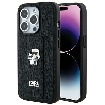 Husa Karl Lagerfeld Gripstand Saffiano Karl&Choupette Pins pentru iPhone 14 Pro - Negru