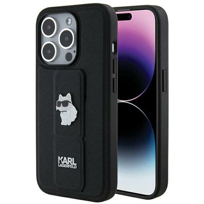 Husa Karl Lagerfeld Gripstand Saffiano Choupette Pins pentru iPhone 14 Pro Max - Negru