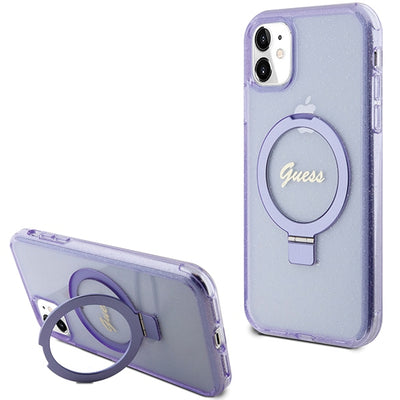 Husa Guess Ring Stand Script Glitter Magsafe pentru iPhone 11 / Xr - Mov