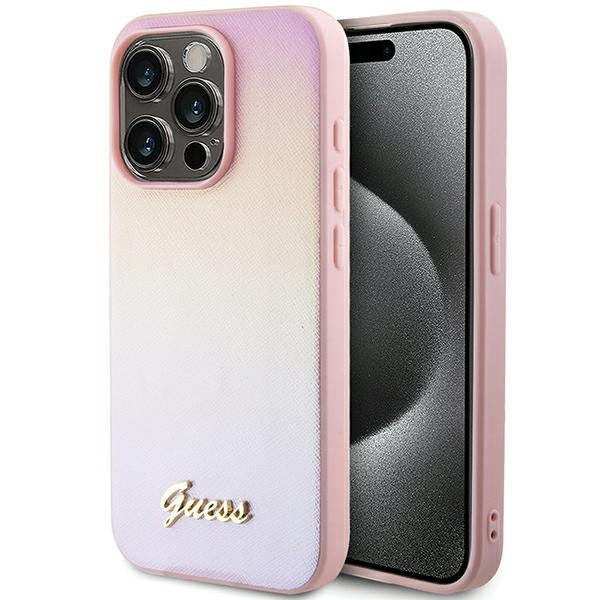 Husa Guess Saffiano Iridescent Script pentru iPhone 14 Pro Max - Roz