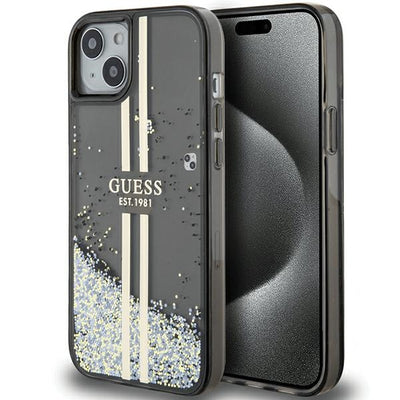 Husa Guess Liquid Glitter Auriu Stripes pentru iPhone 15 Plus / 14 Plus - Negru