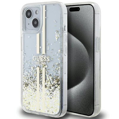 Husa Guess Liquid Glitter Auriu Stripes pentru iPhone 15 Plus / 14 Plus - Transparent