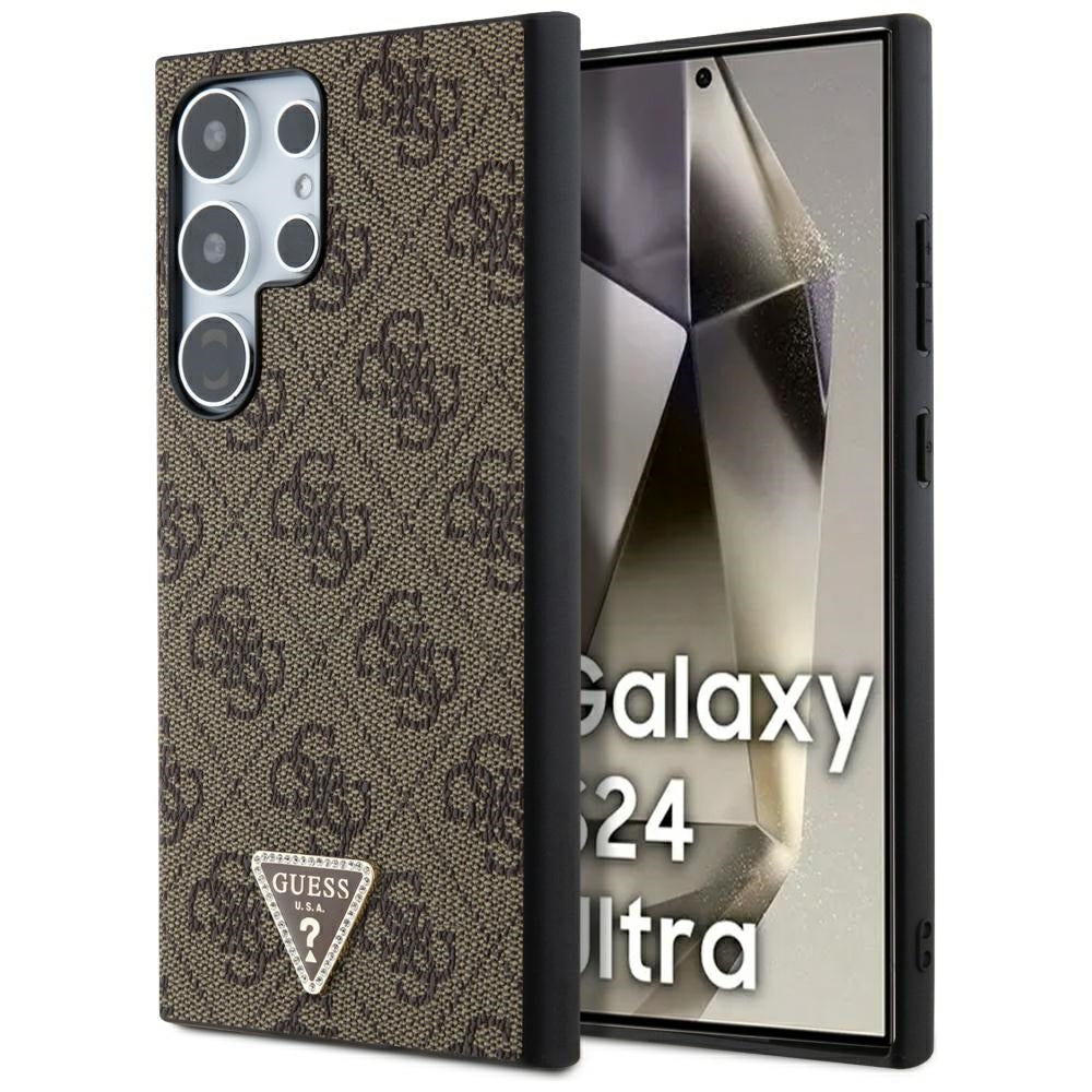 Husa Guess Grip Stand 4G Triangle Strass pentru Samsung Galaxy S24 Ultra - Maro