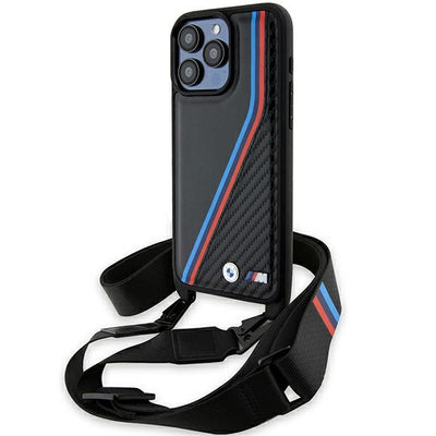 Husa BMW M Edition Carbon Tricolor Lines & Curea pentru iPhone 15 Pro - Negru