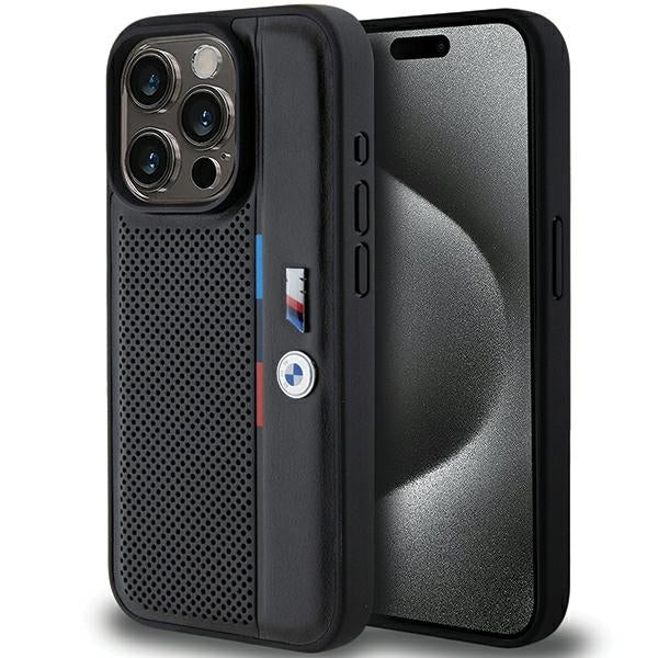 Husa BMW Perforated Tricolor Line pentru iPhone 15 Pro - Negru