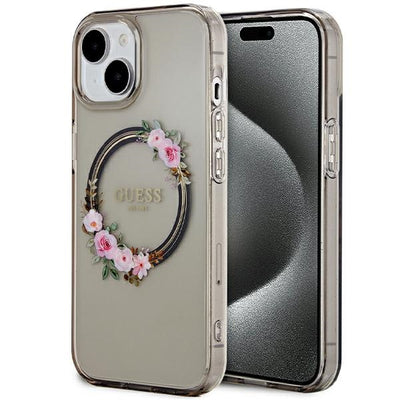 Husa Guess IML Flowers Wreath Magsafe pentru iPhone 15 / 14 / 13 - Negru