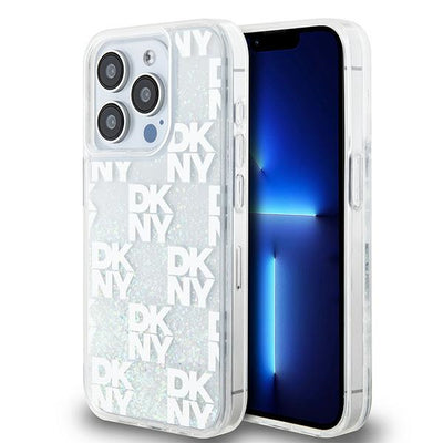 Husa Dkny Liquid Glitter Multilogo pentru iPhone 15 Pro - Alb