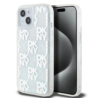 Husa Dkny Liquid Glitter Multilogo pentru iPhone 15 / 14 / 13 - Alb