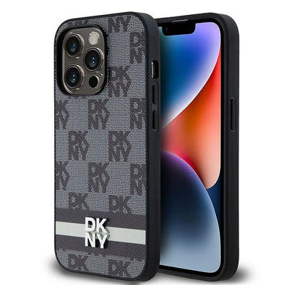 Husa Dkny Leather Checkered Mono Pattern & Printed Stripes iPhone 14 Pro - Negru