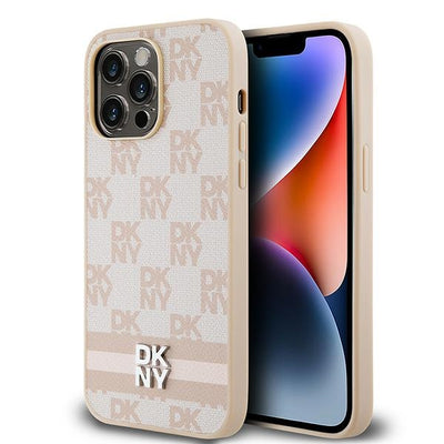 Husa Dkny Leather Checkered Mono Pattern & Printed Stripes pentru iPhone 14 Pro Max - Roz
