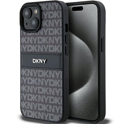 Husa Dkny Leather Mono Stripe & Metal Logo pentru iPhone 15 Plus / 14 Plus - Negru