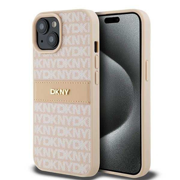 Husa Dkny Leather Mono Stripe & Metal Logo pentru iPhone 15 Plus / 14 Plus - Roz